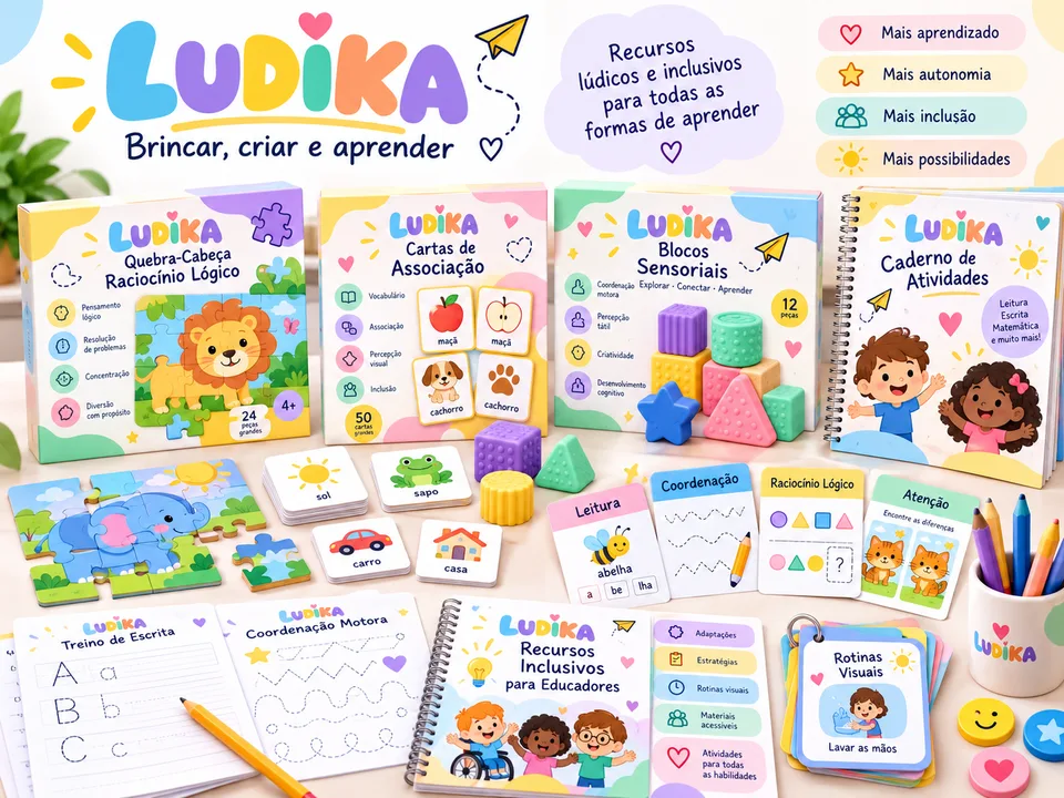 Materiais inclusivos da LUDIKA sobre uma mesa